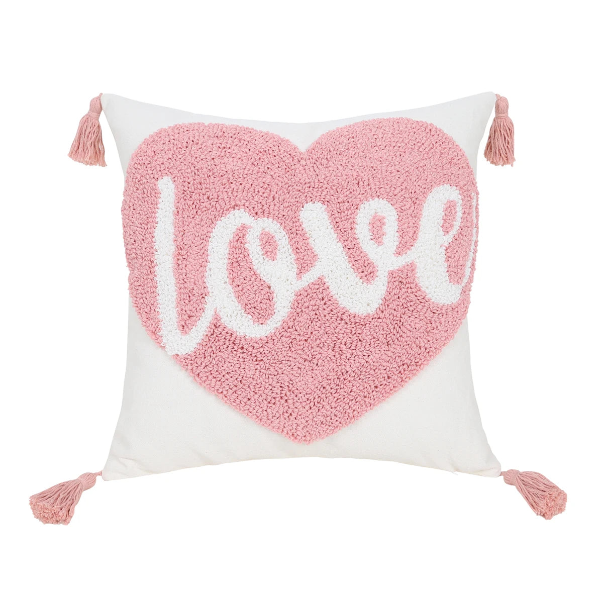 taie d'oreiller carrée brodée cœur géométrique 100% polyester blanc rose décoration maison boho chic