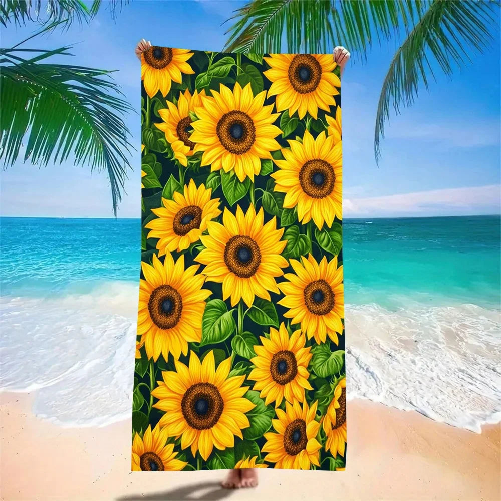 serviette plage microfibre séchage rapide floral tournesol jaune vert blanc tropical