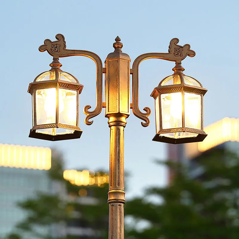 lampadaire vintage deux lanternes noir doré détails métalliques extérieur ip65 led