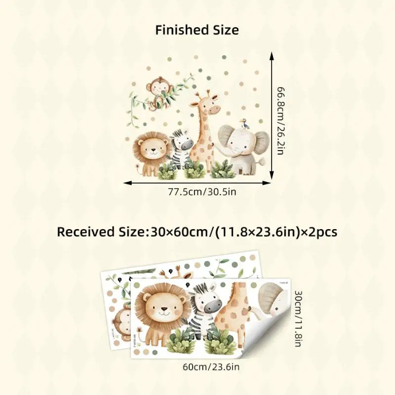 sticker mural animal savane aquarelle lion girafe elephant singe zèbre toucan enfant chambre