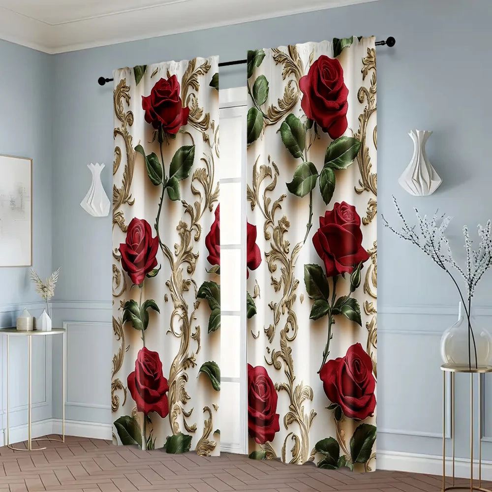 rideau classique roses rouges feuilles vertes motifs dorés polyester blanc rouge vert opaques