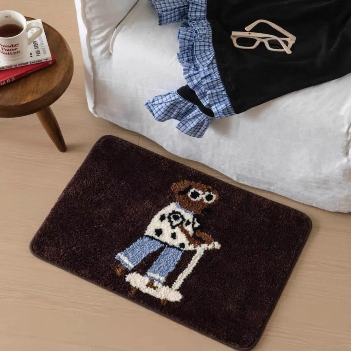 tapis marron chien lunettes moderne décontracté antidérapant polyester salle bain salon chambre chiot