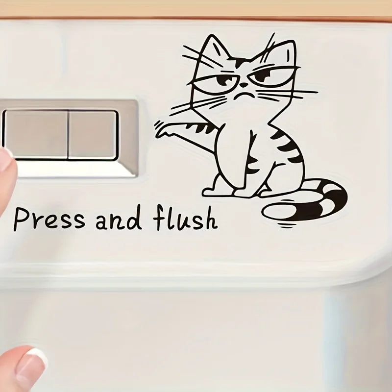 sticker adhésif chat cartoon bouton toilette moderne blanc argenté pvc semi mat 10x15cm