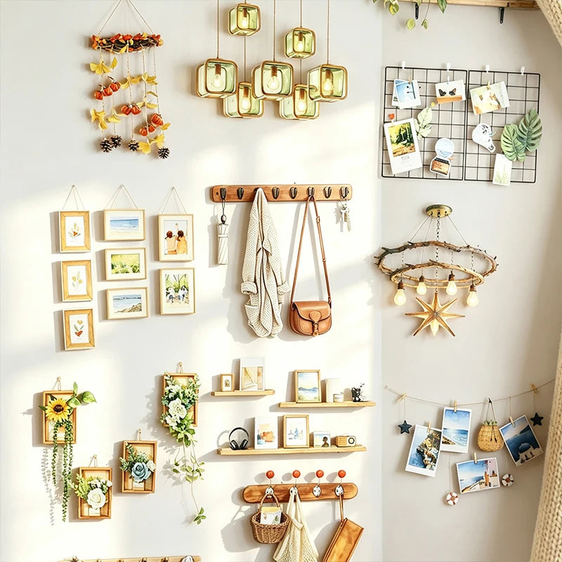 autocollants deco murales plantes cadres photo étoiles guirlandes chandeliers sacs main clips boho chic