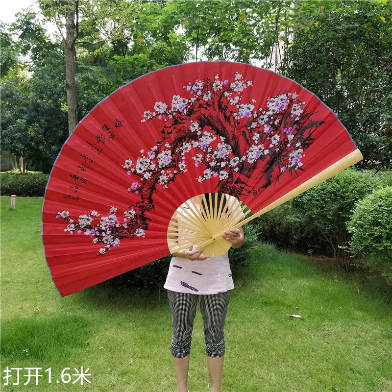 éventail traditionnel rouge bleu blanc fleurs cerisier bambou texte chinois art oriental opacité 50x88cm