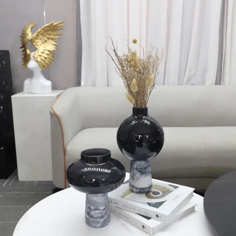 vases décoratifs modernes verre marbré noir gris opaques fleurs séchées arrangement hydroponique table minimaliste
