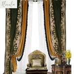 rideau vert foncé broderie florale franges noires classique élégant salon chambre maison luxe
