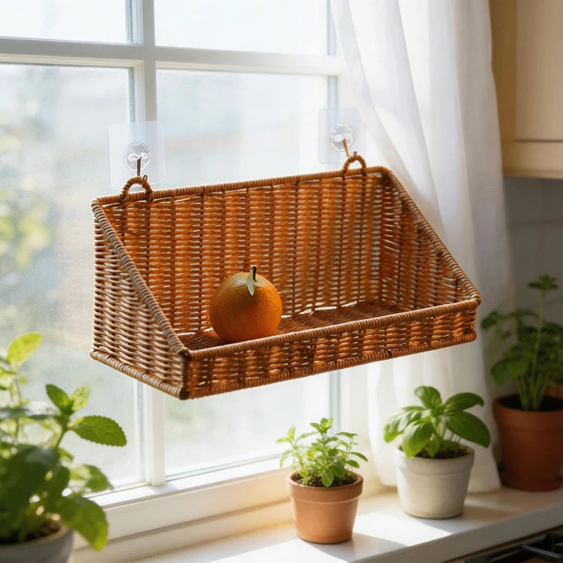 panier rotin tressé rustique naturel clips adhésifs rangement cuisine salle bain chambre salon herbes