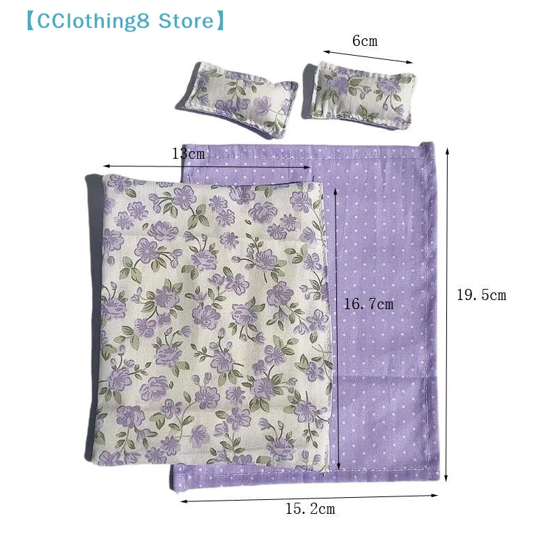 ensemble literie maison poupée 1/12 lit motifs floraux taies oreillers drap couverture vintage français