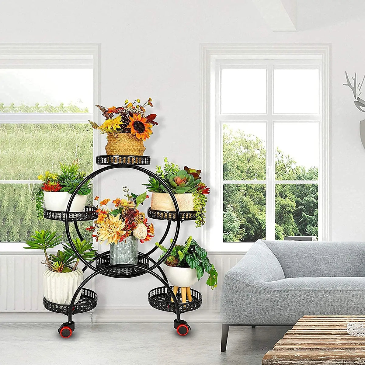 étagère mobile noire perforée moderne niveaux roues plante artificielleintérieurextérieur