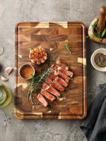 planches découper bois acacia rectangle rustique blocs hachage tomates basilic champignons sel ail