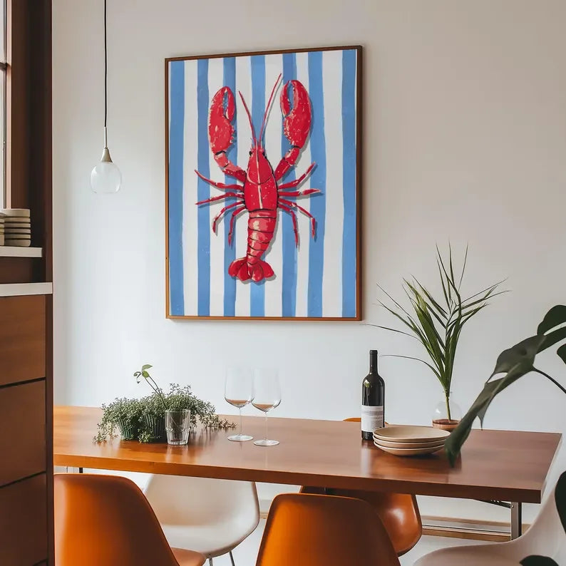 tableau art marin homard poissons rouge bleu blanc toile cadre bois chambre salon decoration