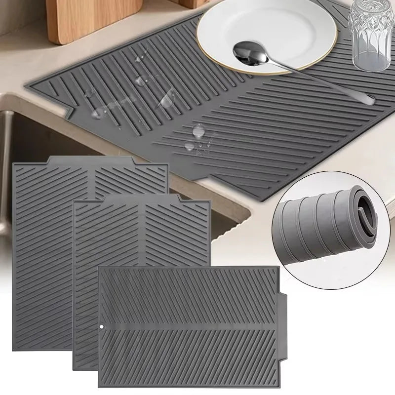tapis silicone gris moderne rayures diagonales cuisine antidérapant respectueux environnement filtration eau protection vaisselle