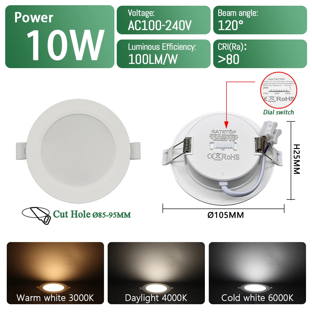 Spot LED encastrable blanc rond carré moderne 75mm 90mm 120° 145°