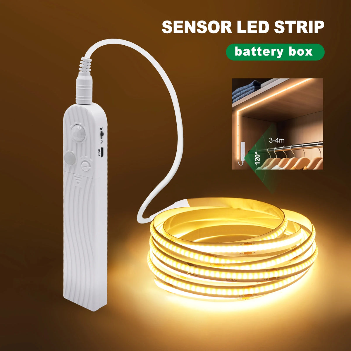 ruban led coob 320 ledm détecteur mouvement batterie adhésif blanc moderne 3000k 6500k 50000h