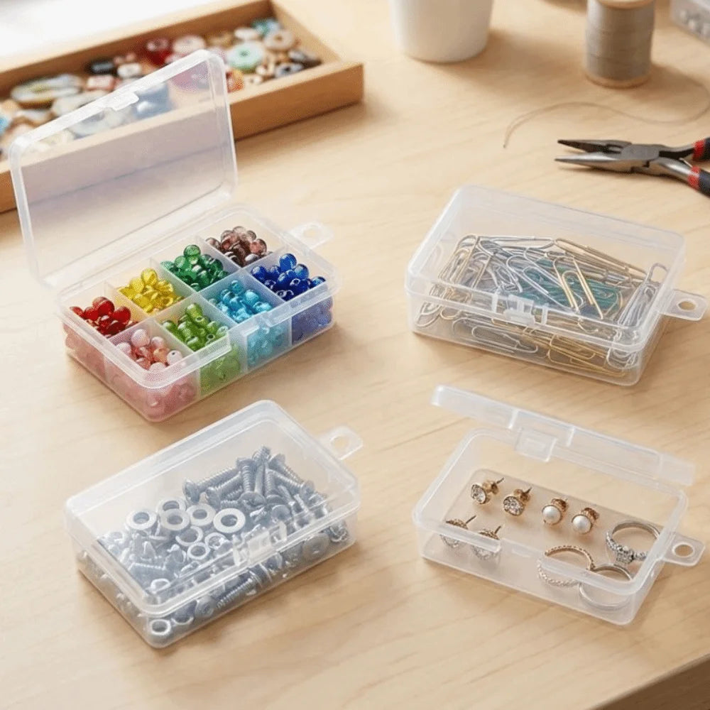 boîtes rangement transparentes couture clips vis boucles ruban aiguilles poignées pratiques fonctionnelles