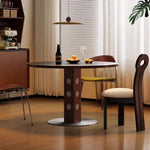 table ronde bois moderne 80cm diamètre 75cm hauteur marron points blancs pied centralisée