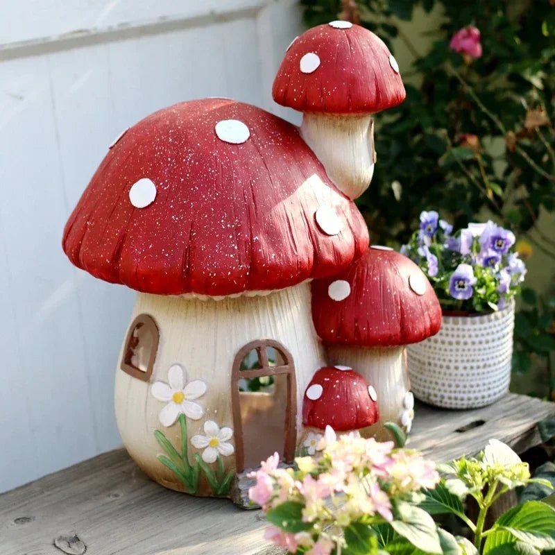 décoration extérieure champignon rouge fleurs blanches paysagère balcon jardin rustic
