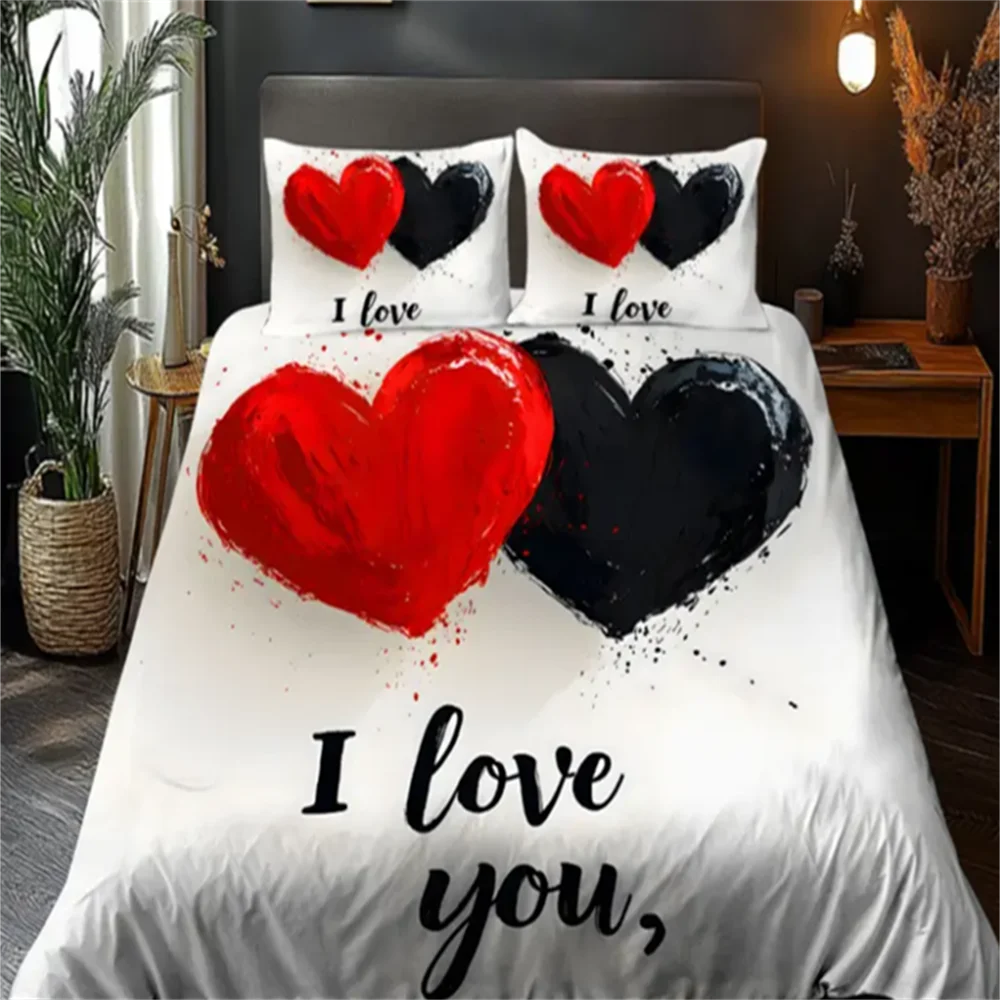 ensemble literie moderne coeurs peints main love you blanc rouge noir polyester