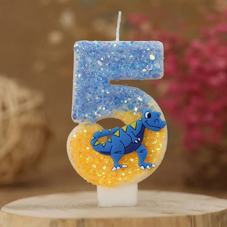 bougies anniversaire chiffres bleu jaune blanc paillettes dinosaure décoratives thème