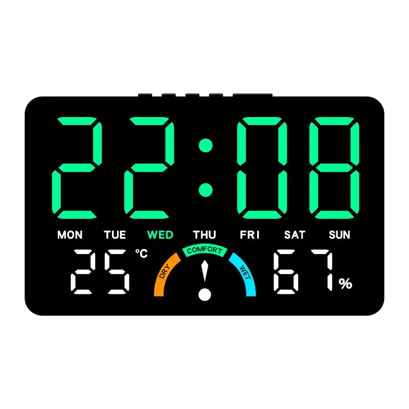 horloge numérique multifonction affiche heure température humidité jour date alarmes blanc noir vert moderne