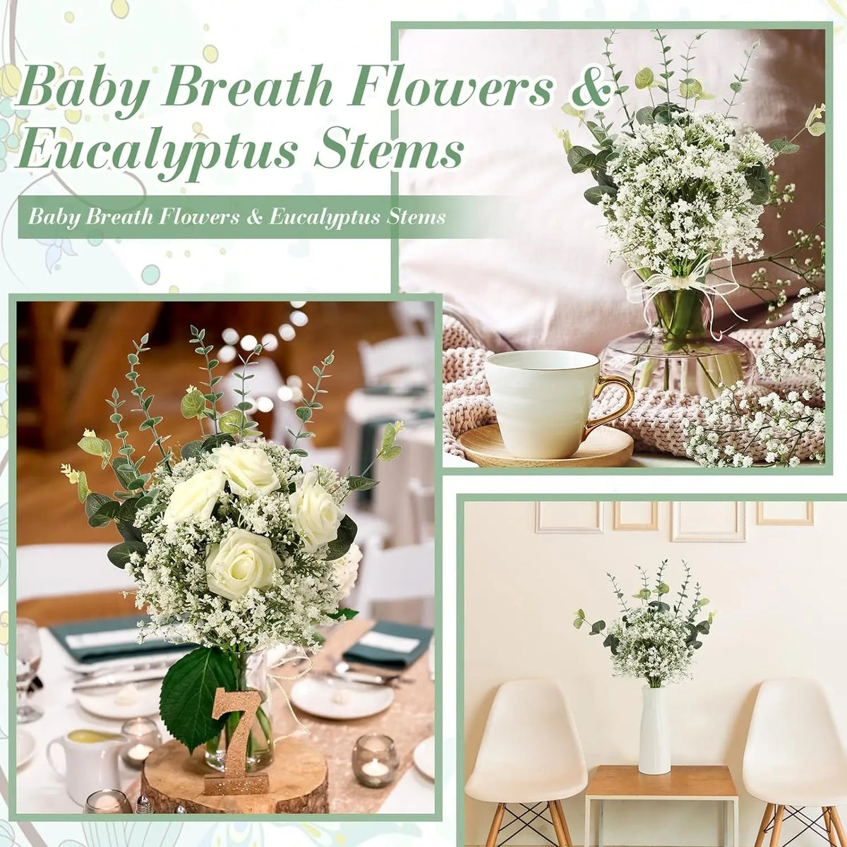 bouquets artificiels eucalyptus baby breath vert blanc naturels rustiques decoration mariageextérieur