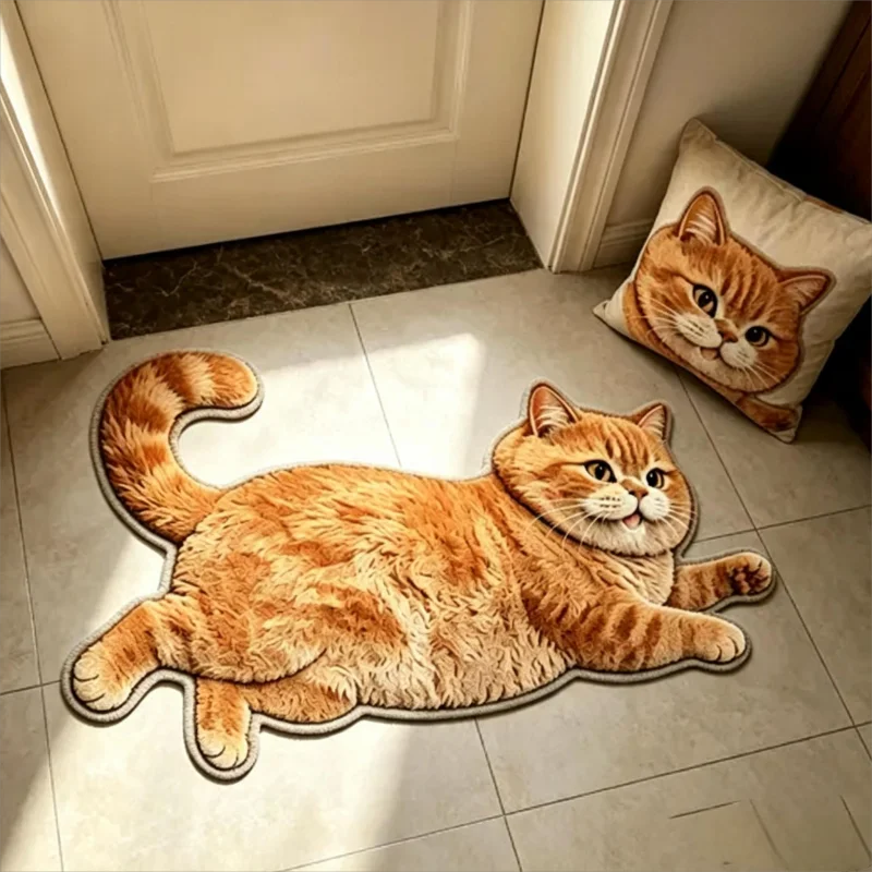 tapis décoratif moelleux forme chat allongé noir blanc gris beige salon chambre entrée maison