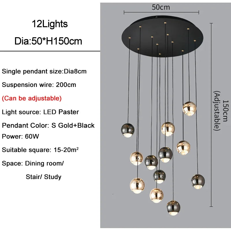 suspension lumineuse contemporaine noir doré sphères métalliques brillantes éclairage intérieur maison