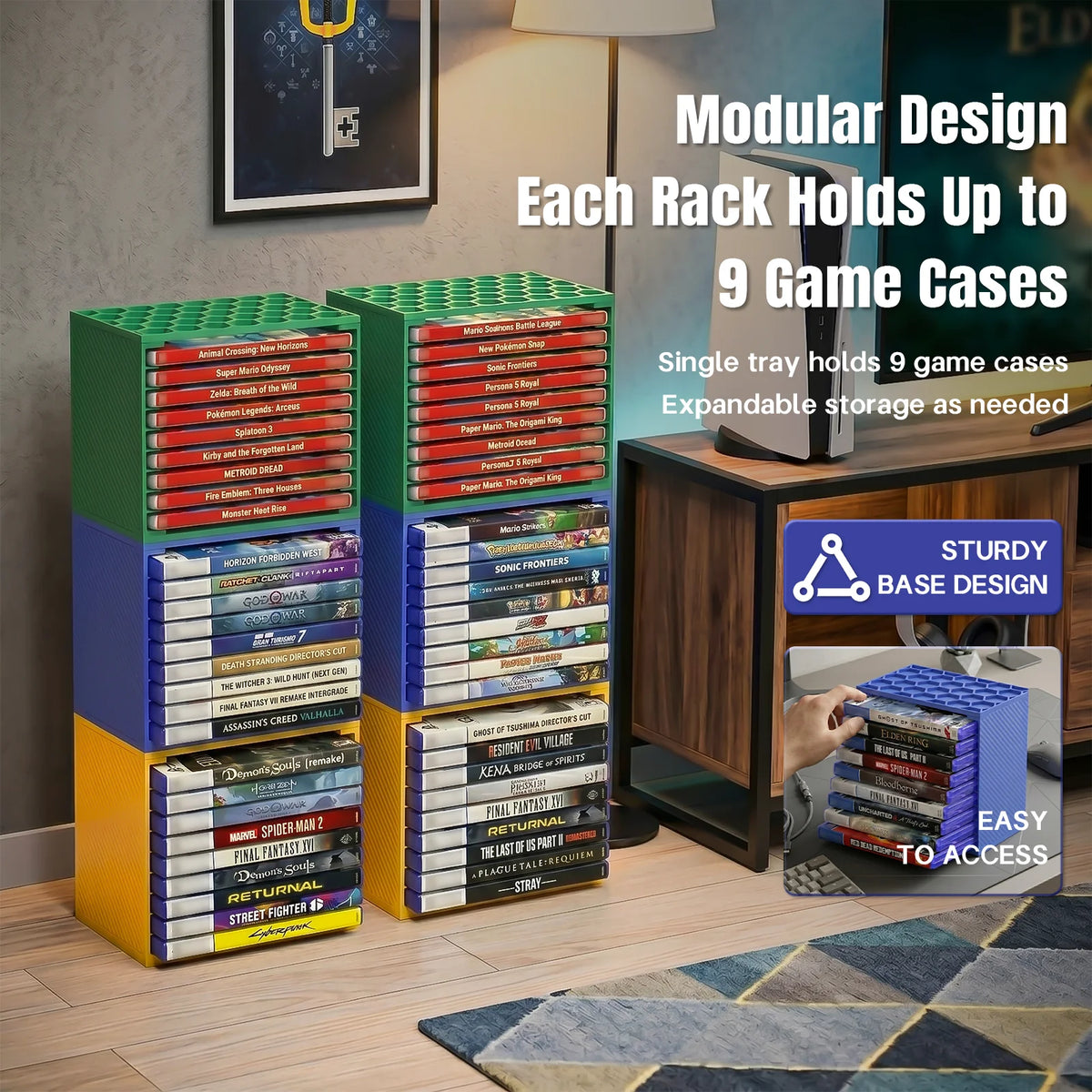 support rangement rack hexagonal moderne couleur vert bleu jaune étui cartes jeu stickers classification