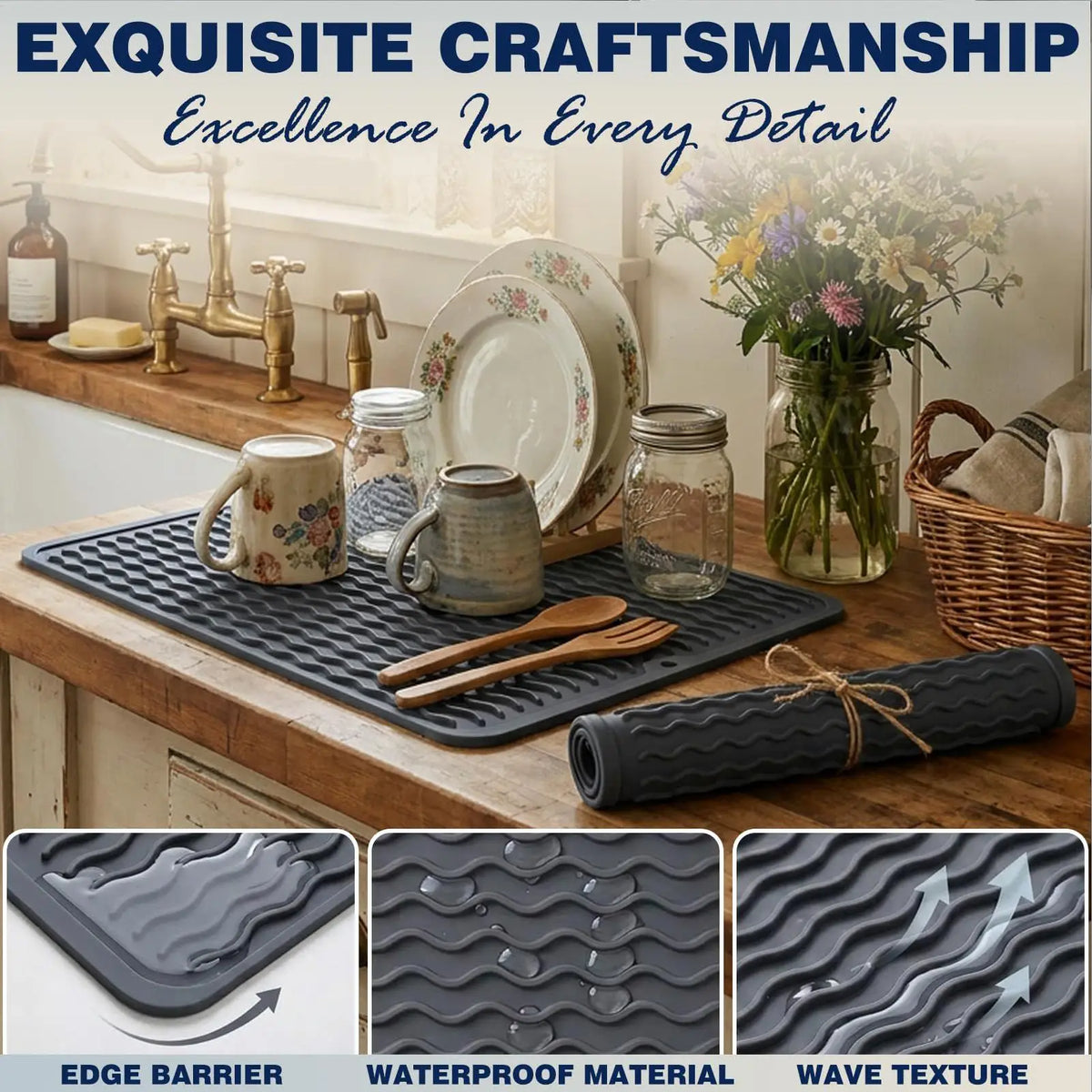 tapis cuisine silicone gris moderne tasse thé bol cuillère fourchette plateau ondulé
