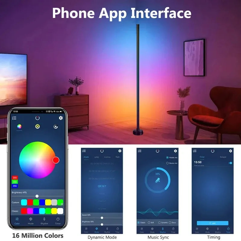 lampe sol led noir multicolore synchronisation musique télécommande application controle moderne minimaliste