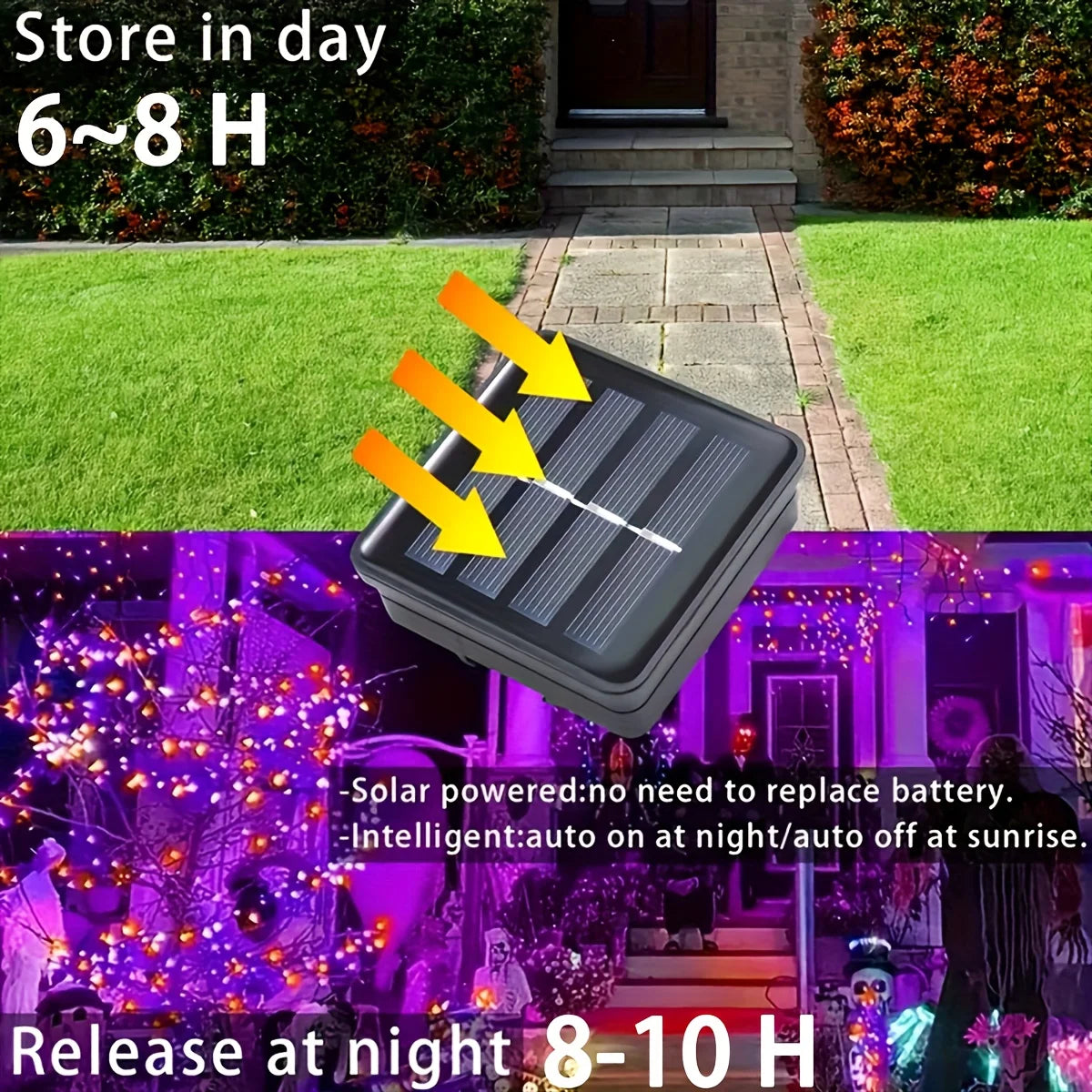 guirlande lumineuse solaire halloween led violet orange moderne 120 lumières 14mètres tringles fixations