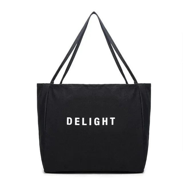 sac main toile réutilisable polyvalent lettre DELIGHT blanc jaune vert violet poche téléphone