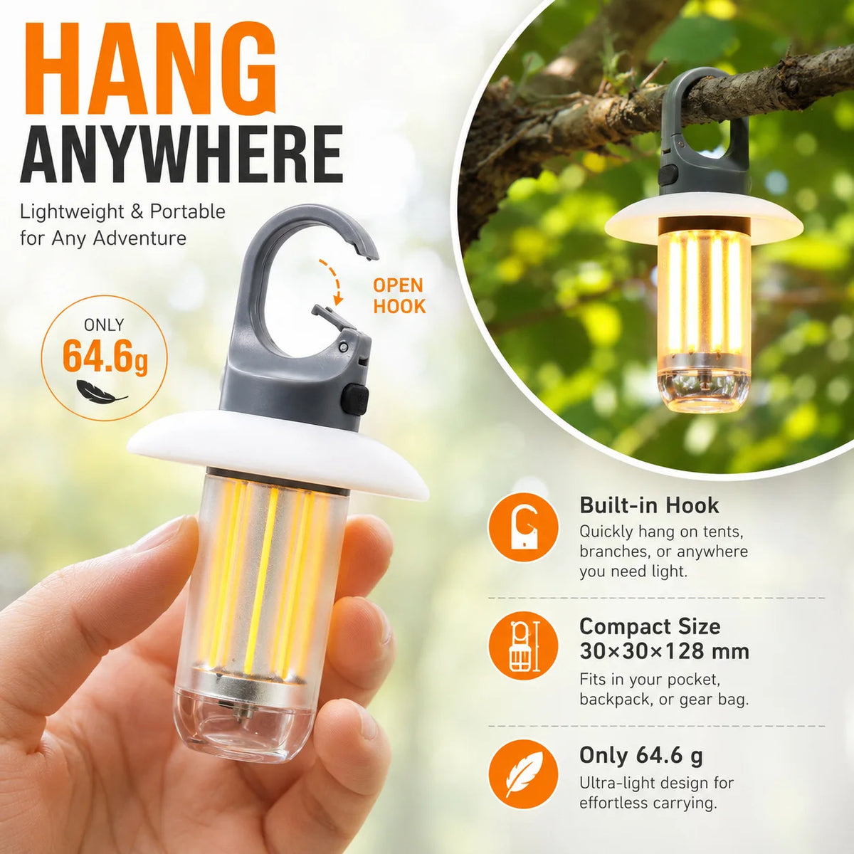 lanterne camping rechargeable transparente moderne gris jaune doré modes étanche crochet intégré