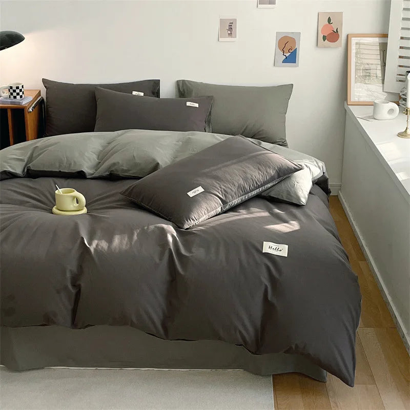 ensemble literie gris uni minimaliste couverture taies oreillers satinées lit