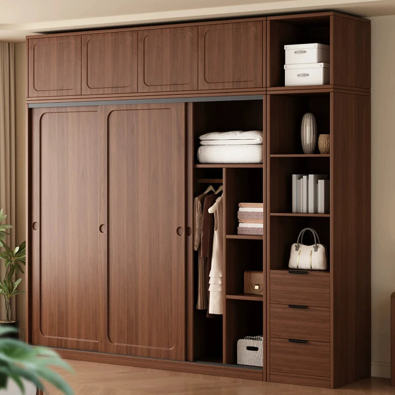 armoire rangement bois moderne portes coulissantes placard chambre coucher meuble dressing marron clair