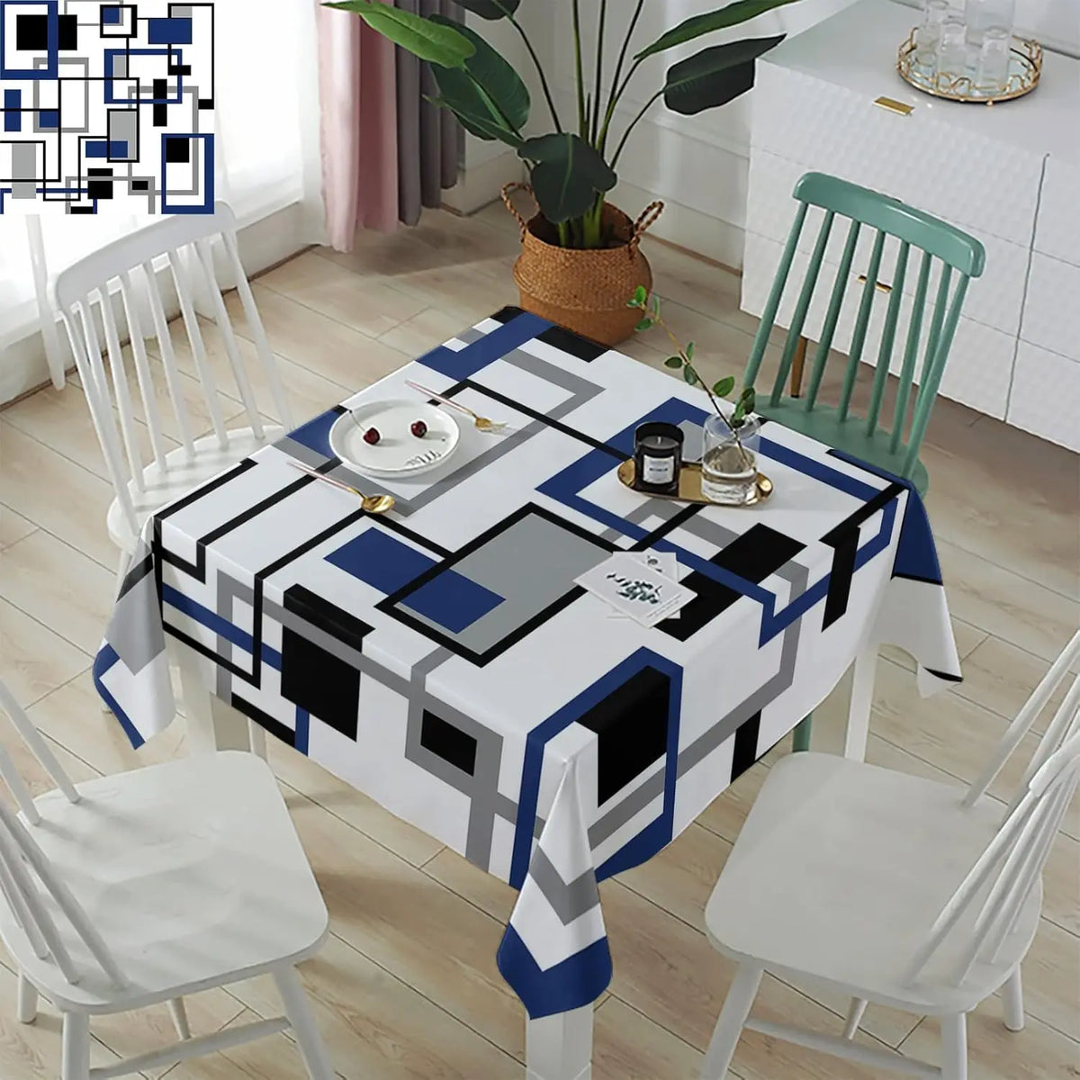 nappe table moderne géométrique bleu noir blanc rectangle réutilisable polyester at dining