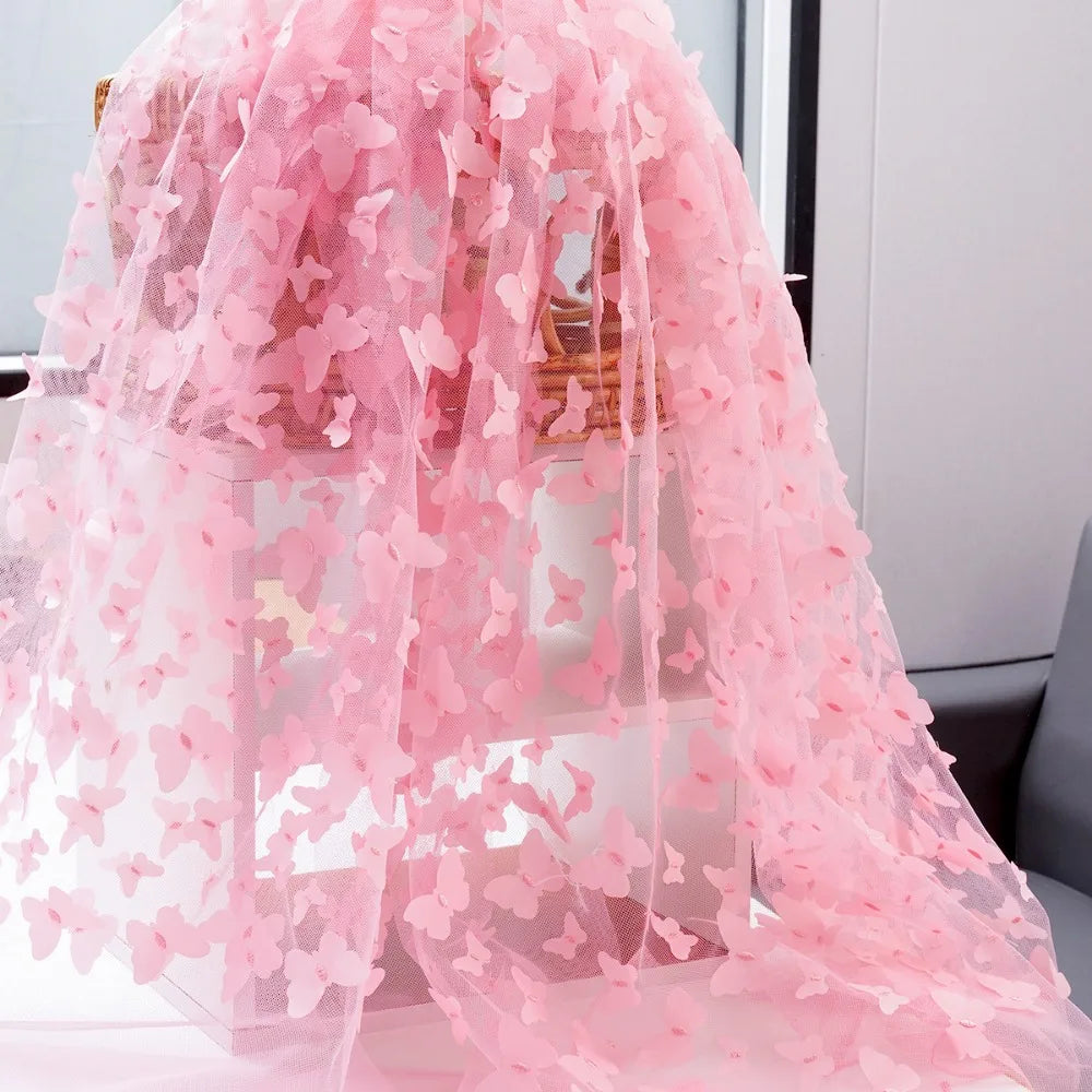 tissu brodé 3D papillons arc ciel noir rose bleu translucide couture décoration mariage