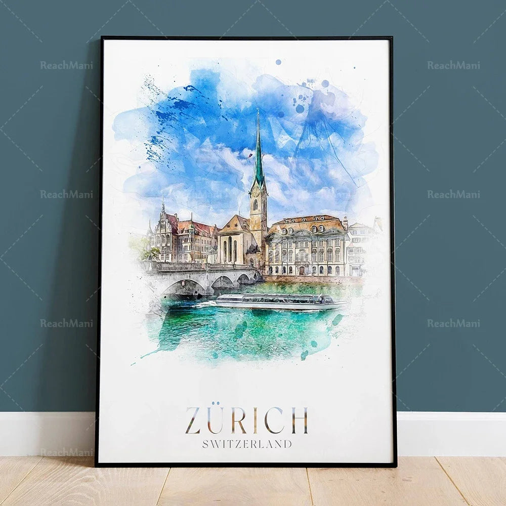 Une belle illustration aquarelle de la ville de Zurich, en Suisse, montrant ses bâtiments historiques, son église et son canal.