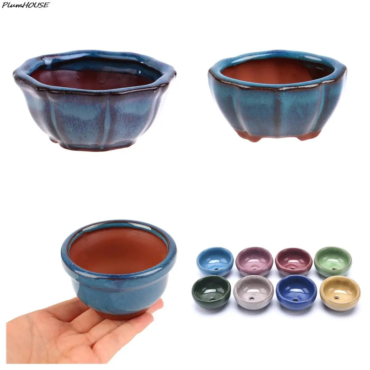 cache pot céramique bleu brun texture floraux classique artisanal plante maison