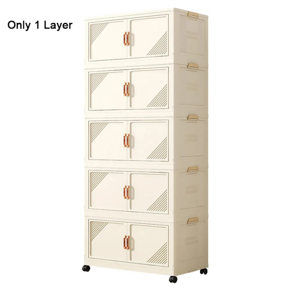 armoire pliante tiroirs beige moderne rayures diagonales poignées dorées roulettes sans