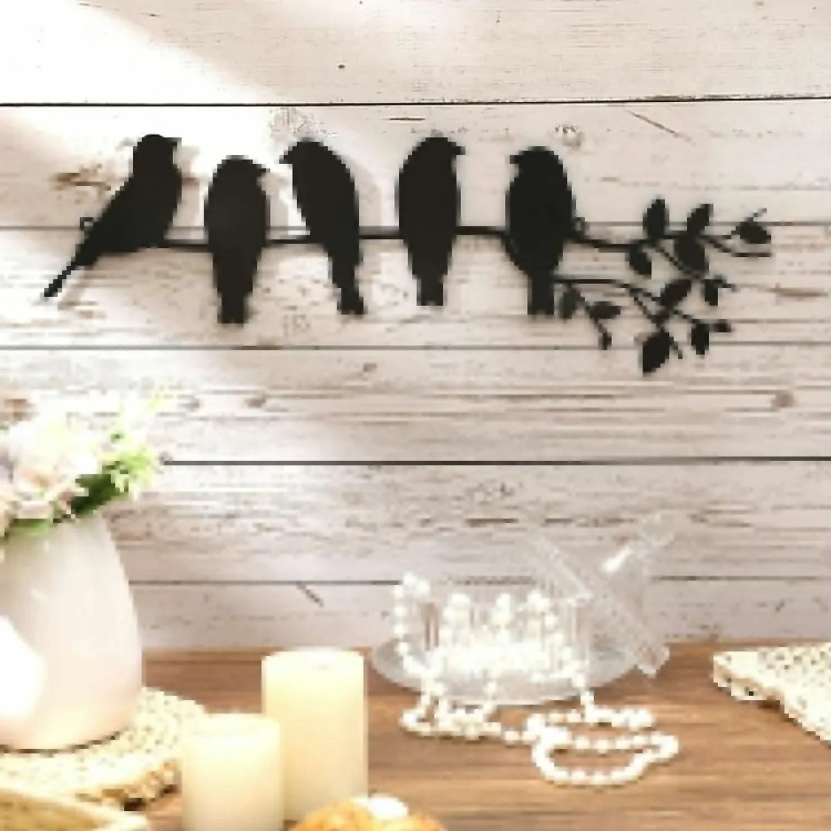 décoration murale oiseaux métal noir silhouettes minimaliste branchement feuilles 40cm