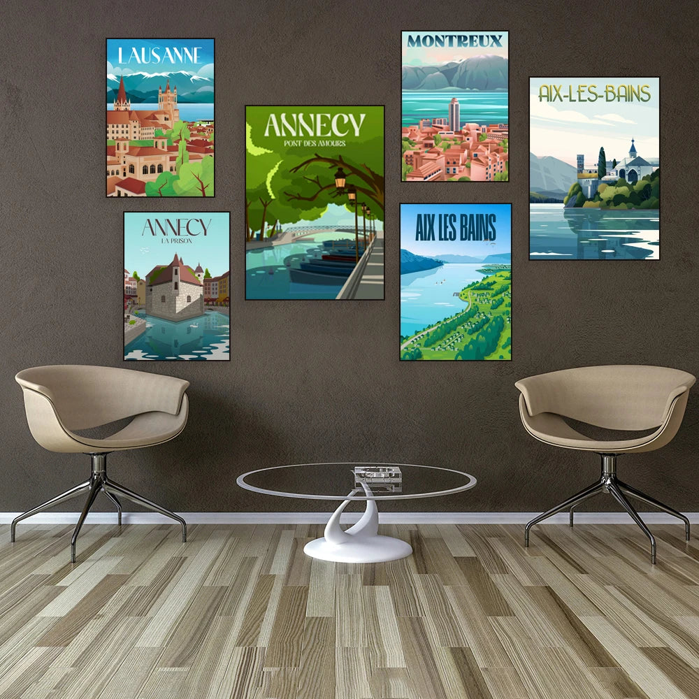 Une sélection d'affiches vintage représentant différentes villes et destinations touristiques dans une décoration murale élégante.
