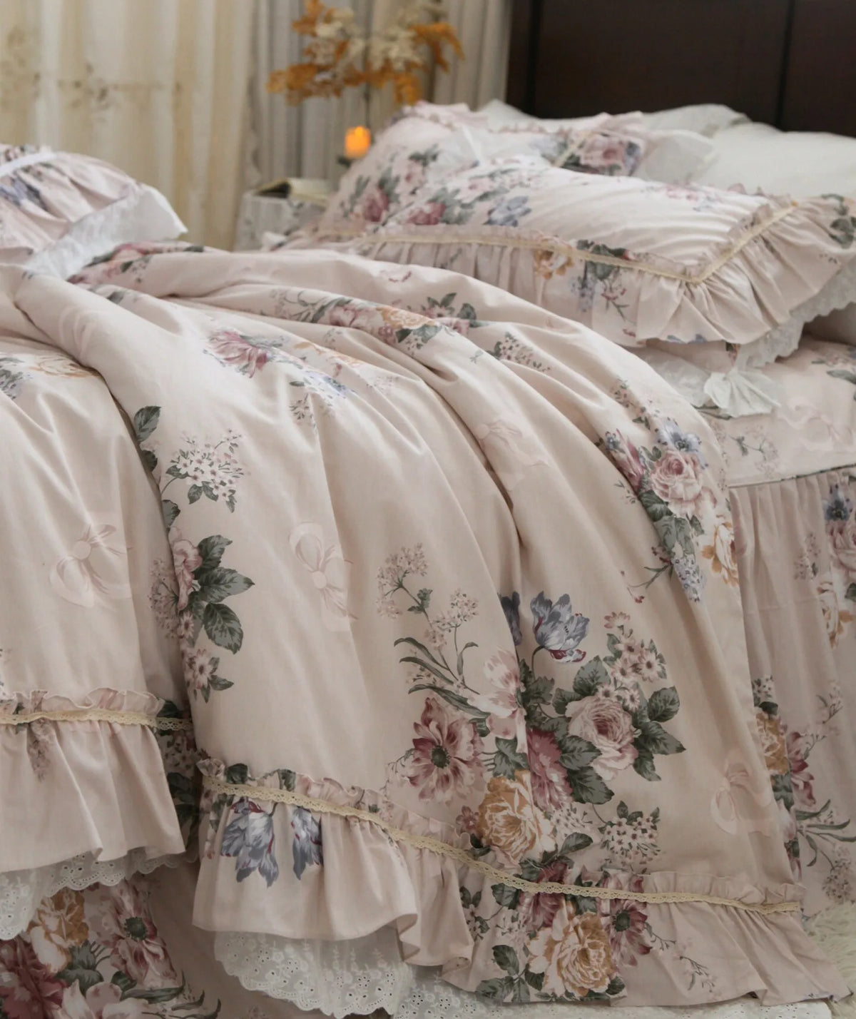 ensemble literie fleuri romantique 100 coton king size beige rose vert bleu