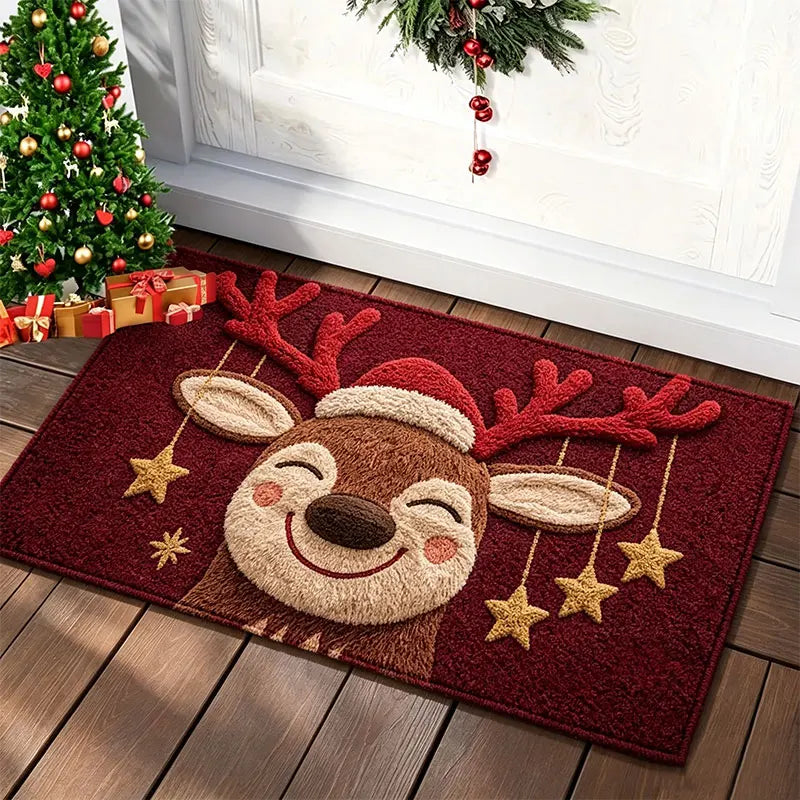 tapis sol antidérapant rennes souriants étoiles dorées extérieur entrée noël moderne rouge beige doré