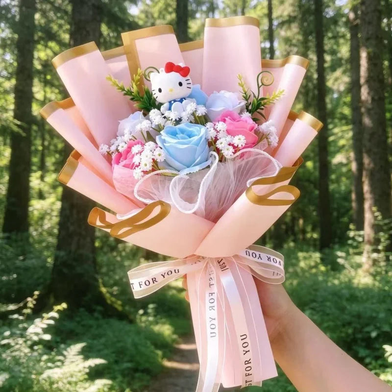 bouquet fleurs artificielles rose blanches hello kitty coeurs romantique décoration intérieur anniversaire mariage