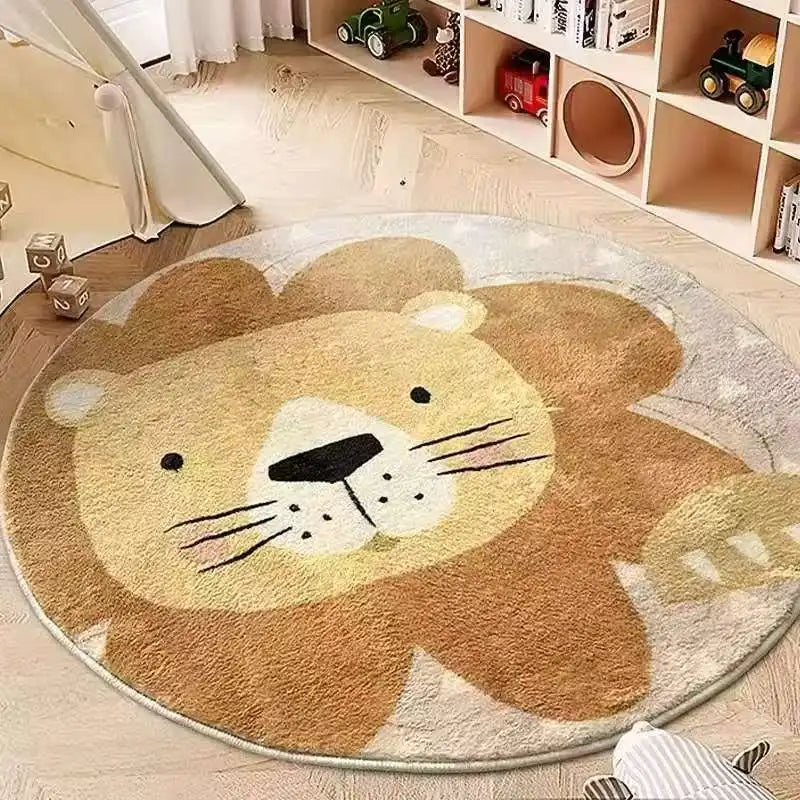 tapis enfant rond lion peluche doux beige chambre bébé décoration sol salon motif animal