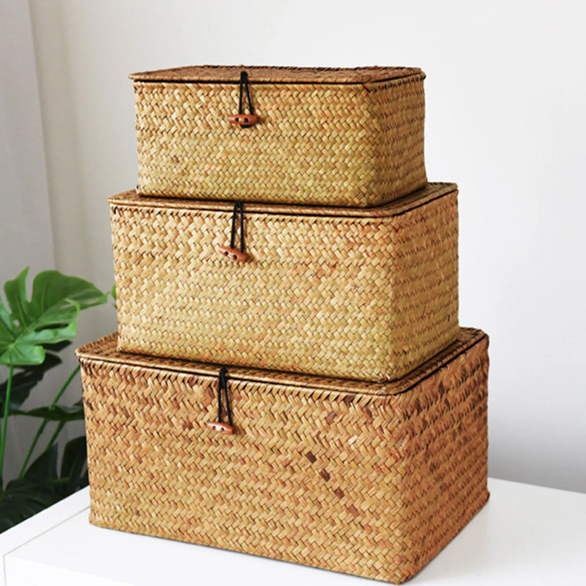 panier rangement bois tressé couvercle vêtements bohème rustique décor maison