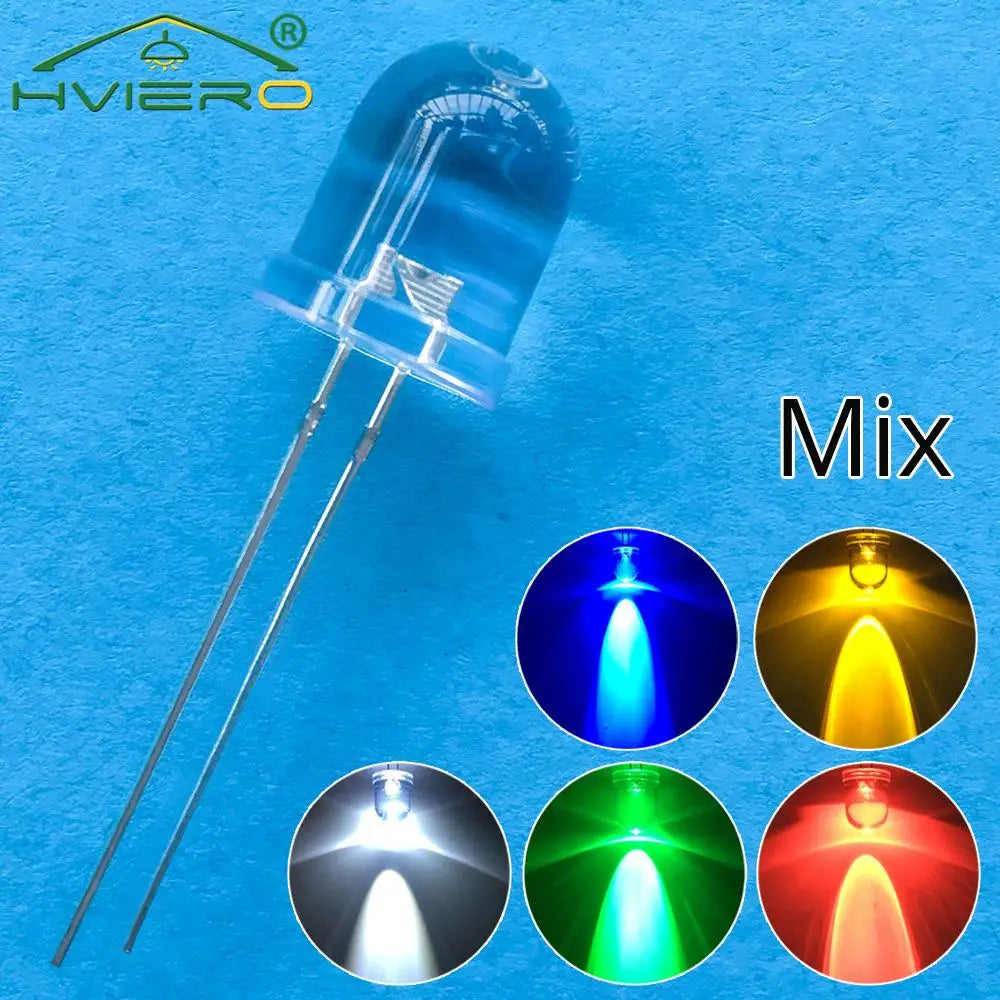 diodes led mixte bleu vert rouge jaune blanc orange rose 10mm rond transparent 50pcs