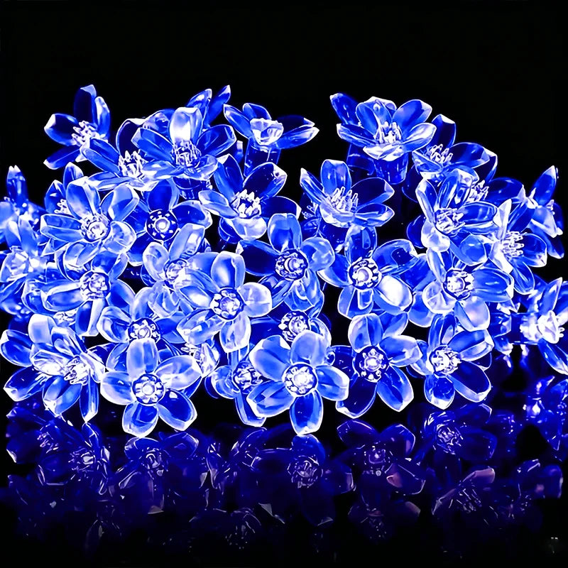 guirlande lumineuse solaire bleu clair fleurs stylisées moderne extérieure décoration fêtes led autonomes